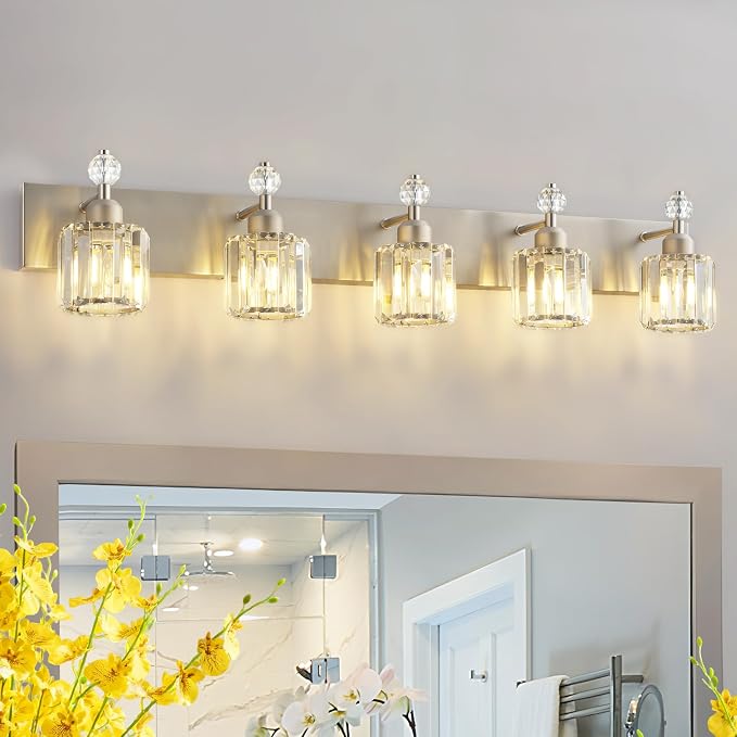 PRESDE Modern Crystal 5-Light Bathroom Light Fixtures Brushed Nickel Vanity by HOME