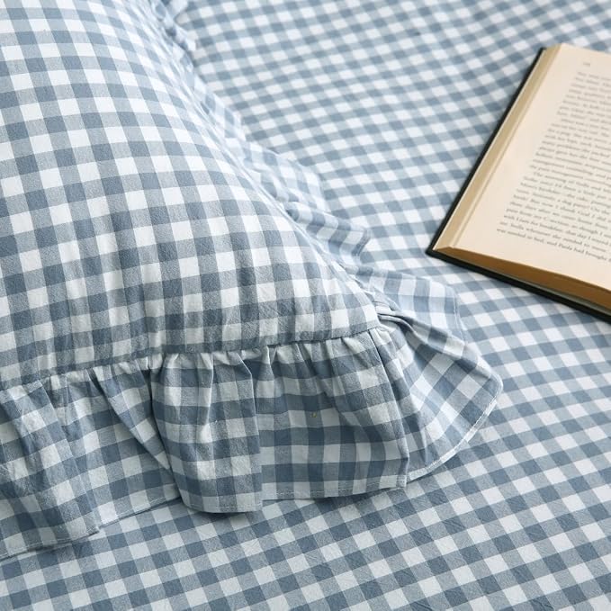 Silnuo Light Blue/White Plaid Ruffle Duvet Cover Full Size, 100% Washed Cotton - Image 6