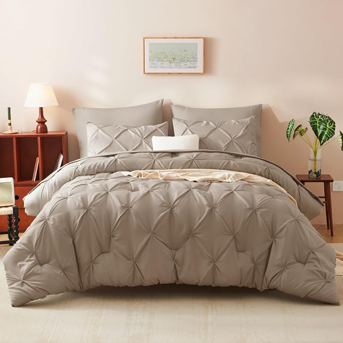 CozyLux Queen Comforter Set Khaki, 7 Pieces Pintuck Bed in A Bag, Premium Khaki - Image 7