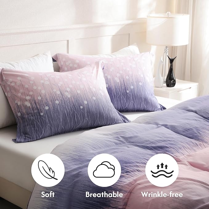 LONAVA King Patchwork 3 Pcs Duvet Cover Set, Breathable Soft Microfiber Purple - Image 3