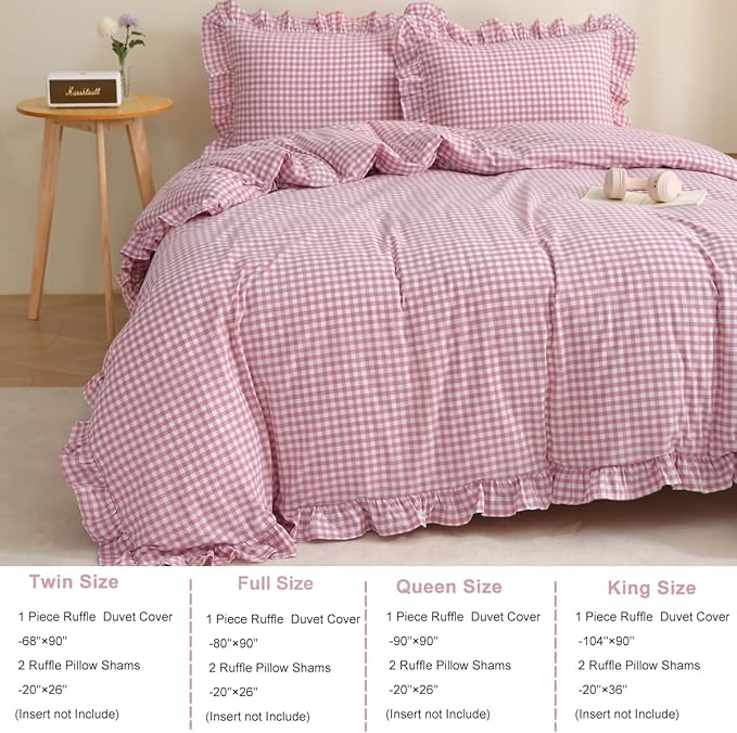 Silnuo Vintage Pink/White Plaid Ruffle 3-Piece Duvet Cover Set Full Size - Image 3