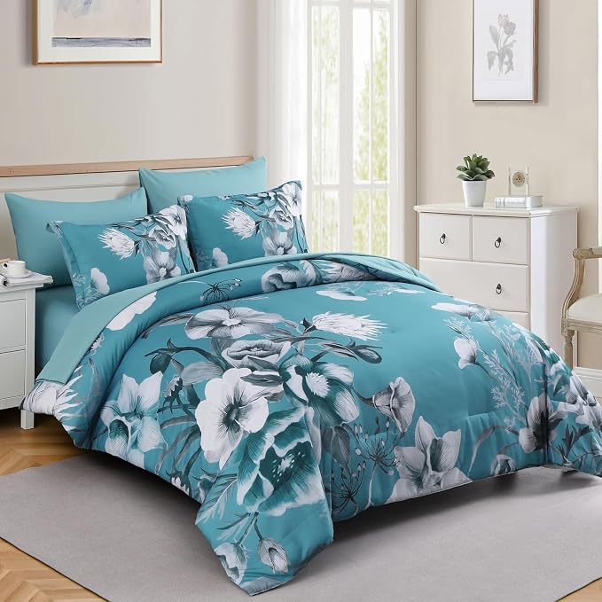 Luxudecor Floral Comforter Set Twin Size 5 Piece, Teal Blue Flower Bed in a Bag - Image 2