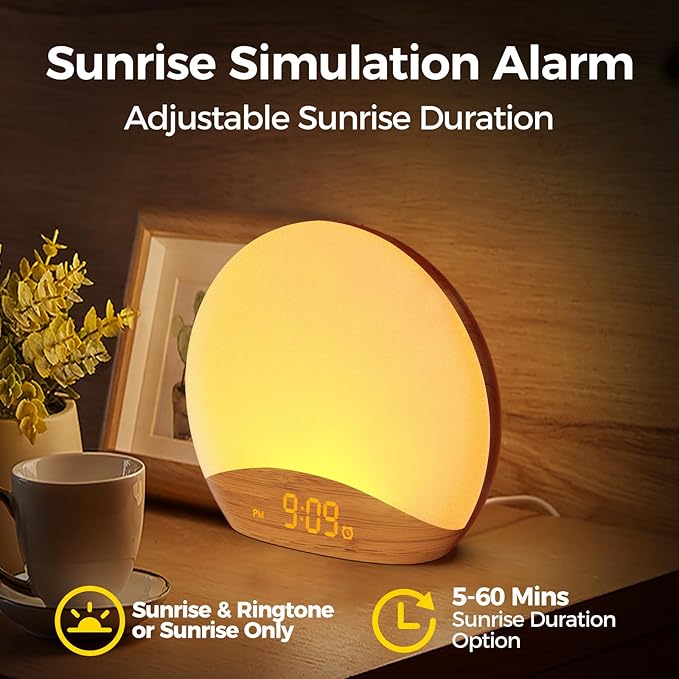REACHER Wood Grain Sunrise Alarm Clock and Sound Machine Nightlight, Digital - Image 8