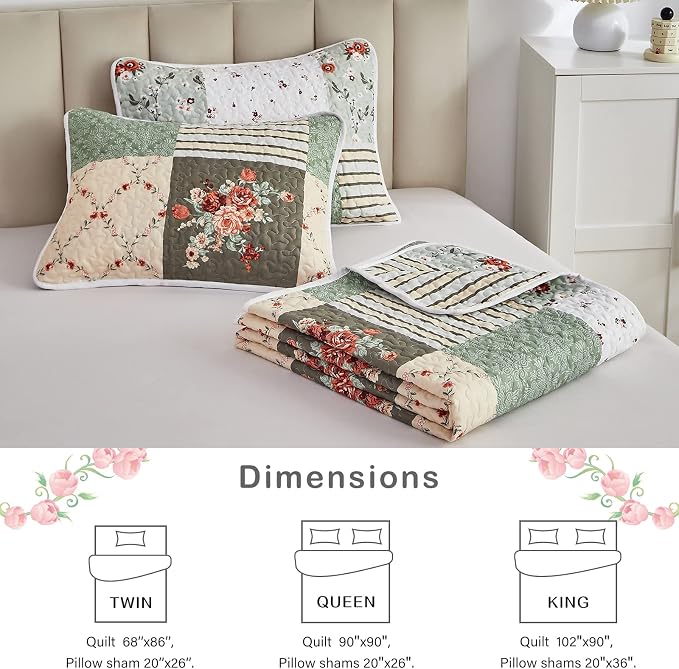 Patchwork Quilt Set Full/Queen Size, 3 Pieces Green Floral Plaid Summer - Image 6