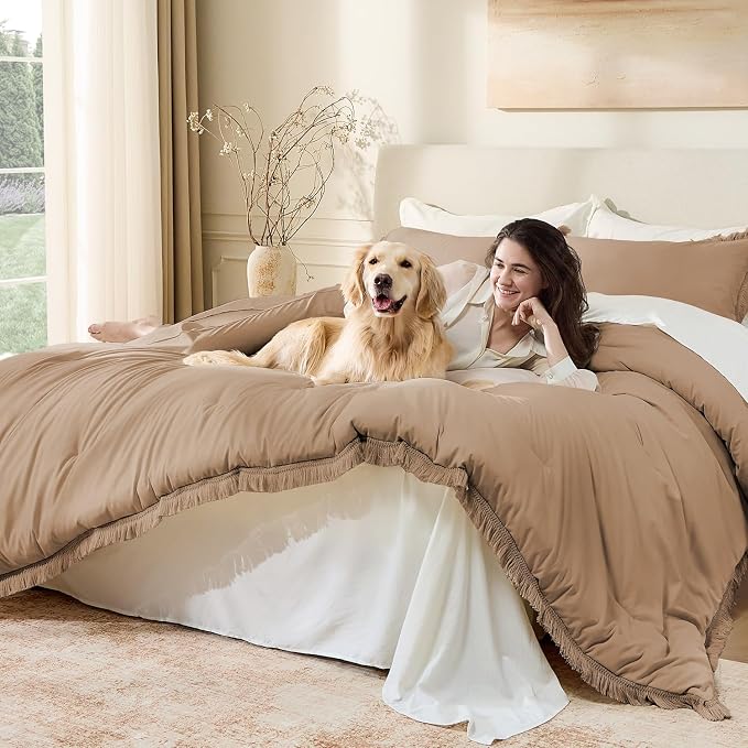 Andency Taupe Comforter Set California King, 3 Pieces Boho Tassel Lightweight - Image 3