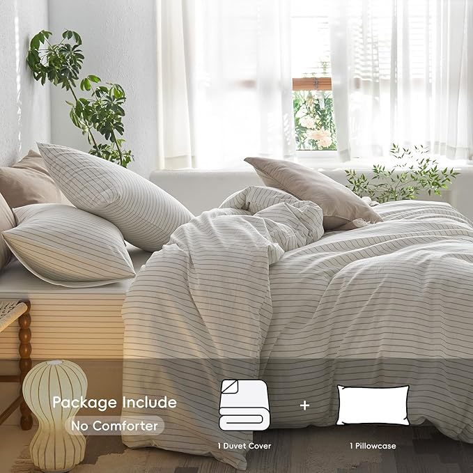 MooMee Striped Duvet Cover Set 100% Washed Cotton Linen Like Textured - Image 2