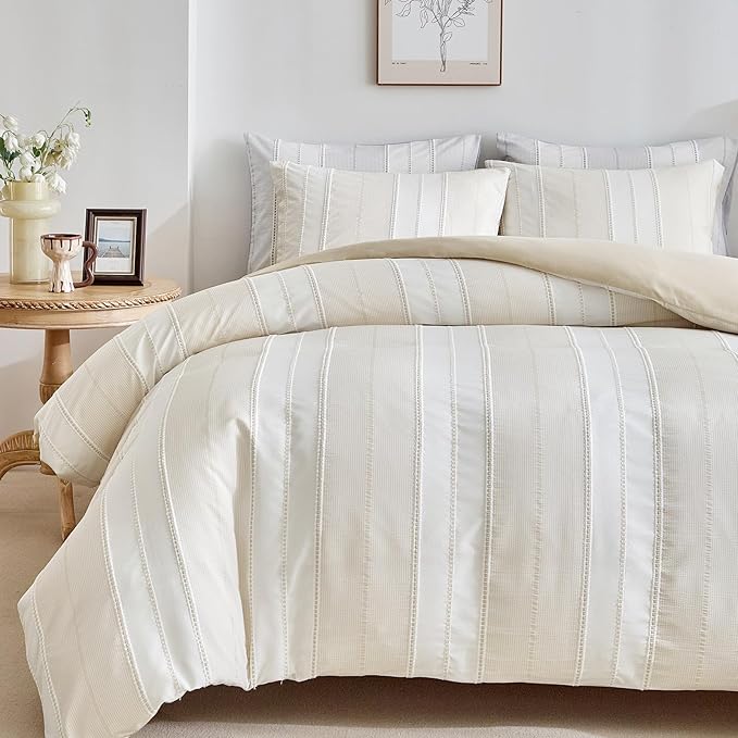 WARMDERN Khaki Striped Weave Duvet Cover Twin Size, Microfiber Textured Bedding by WARMDERN