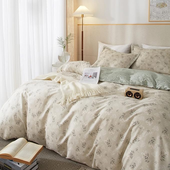 mixinni Duvet Cover Set Floral King Size Soft Cotton Bedding Flower Green - Image 3