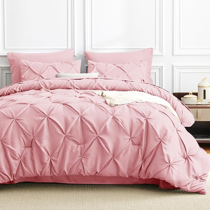 HIMEET Pintuck Bed in a Bag, 7 Pieces Full Size Comforter Set Pink, Luxury - Image 9