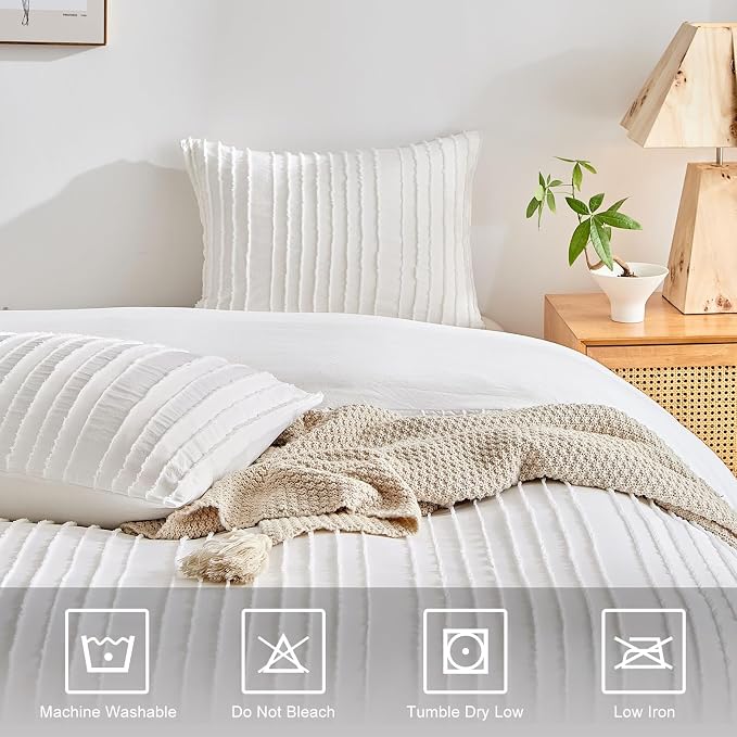 WARMDERN White Boho Duvet Cover Set Queen Size, Striped Textured Tufted Bedding - Image 4