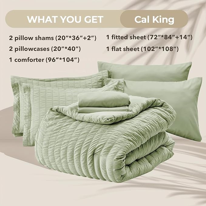 HYMOKEGE Light Green California King Comforter Set Seersucker 7 Pieces - Image 5