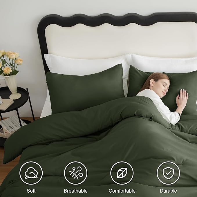 CozyLux Queen Comforter Set Dark Green, 3 Pieces Solid Comforters Queen Size - Image 5