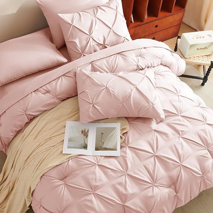 HIMEET Pintuck Bed in a Bag, 7 Pieces Queen Size Comforter Set Blush Pink - Image 4