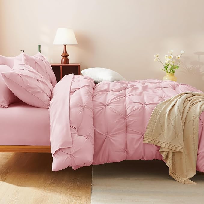 CozyLux Full Size Comforter Sets Pink, 7 Pieces Pintuck Bed in A Bag Pink - Image 8