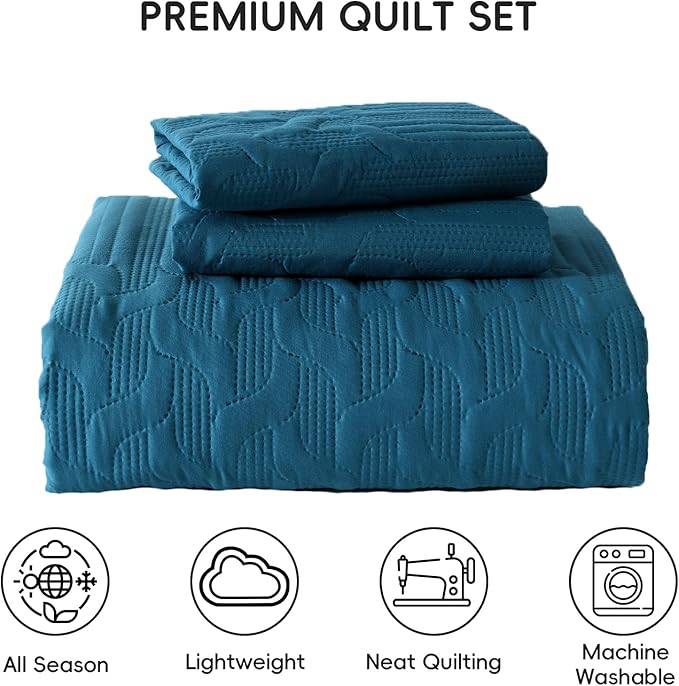 Yiran Teal Blue Quilt Set King Size Lightweight Bedspread Ultrasonic Wave - Image 7