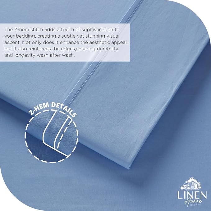 Linen Home 100% Cotton Percale Sheet Set, Full Size, Baby Blue, Deep Pocket - Image 3
