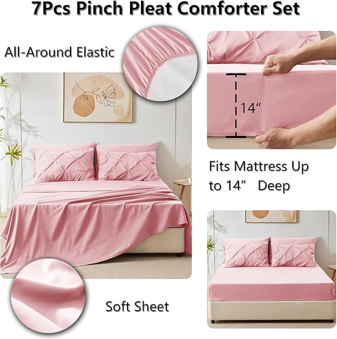 HIMEET Pintuck Bed in a Bag, 7 Pieces King Size Comforter Set Pink, Luxury - Image 6