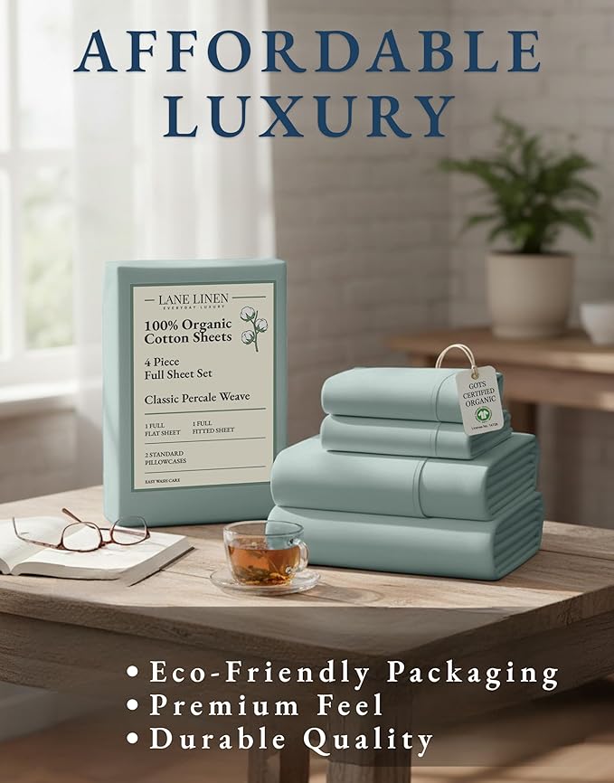 LANE LINEN 100% Organic Cotton Full Sheets Set 4-Piece Pure Percale Soft - Image 8