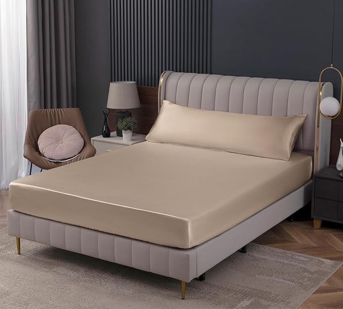 Homiest Taupe Satin Fitted Sheet Queen Size, Deep Pocket, Luxury & Ultra Soft by Homiest