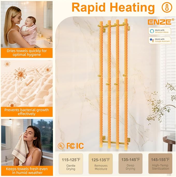 ENZE Smart Heated Towel Rack, Wall Mounted Electric Towel Warmer 300W - Image 3