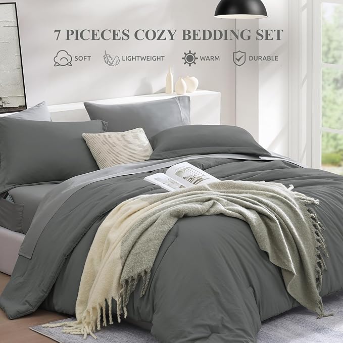 WRENSONGE Queen Comforter Set- 7 Pieces Soft Grey Bed in a Bag - Image 2