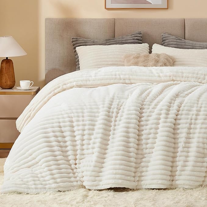 BEDELITE Fleece Queen Comforter Set -Super Soft & Warm Fluffy Cream White by BEDELITE