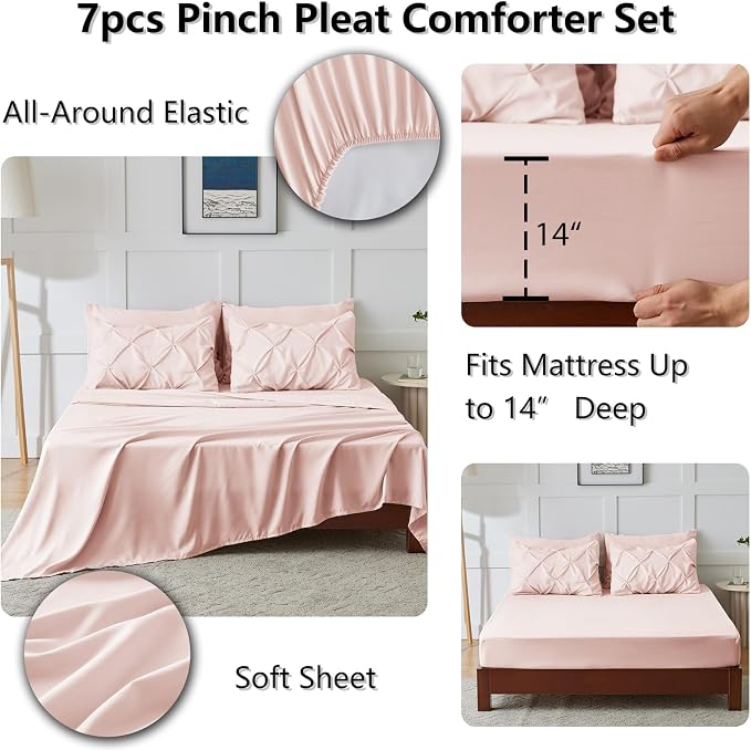 HIMEET Pintuck Bed in a Bag, 7 Pieces Full Size Comforter Set Blush Pink - Image 6
