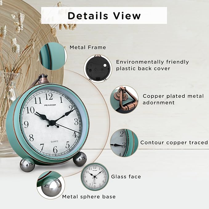 Peakeep 4" Small Battery Operated Antique Retro Analog Alarm Clock - Image 3