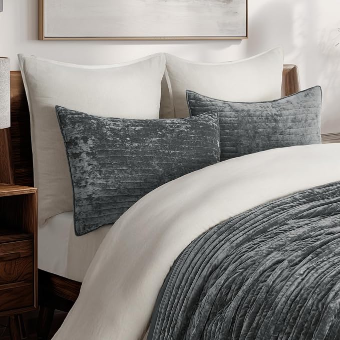 EVERGRACE Velvet Quilt Set King Size, Luxurious Soft Striped Channel Bedding Set - Image 4