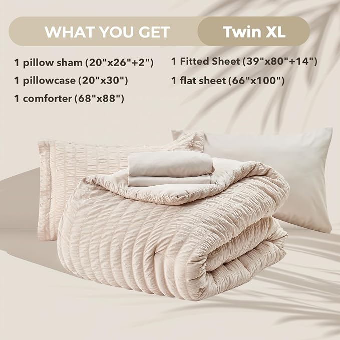 HYMOKEGE Beige Twin XL Comforter Set Seersucker 5 Pieces, All Season Luxury Bed - Image 6