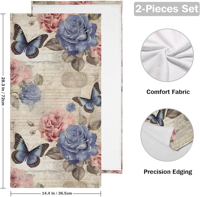 Vintage Pink Blue Rose Floral Butterfly Hand Towels - Image 2