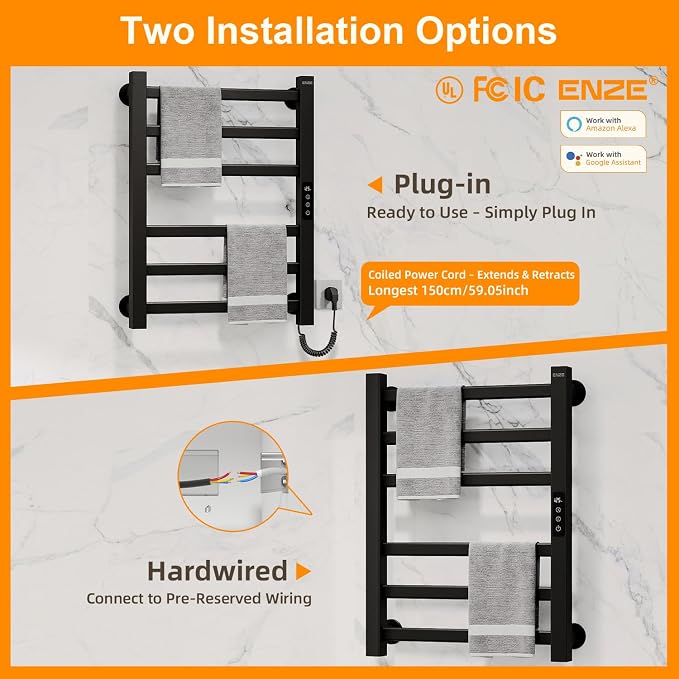 ENZE Smart Heated Towel Rack, 6-Bar Wall-Mounted Electric Towel Warmer 150W - Image 8