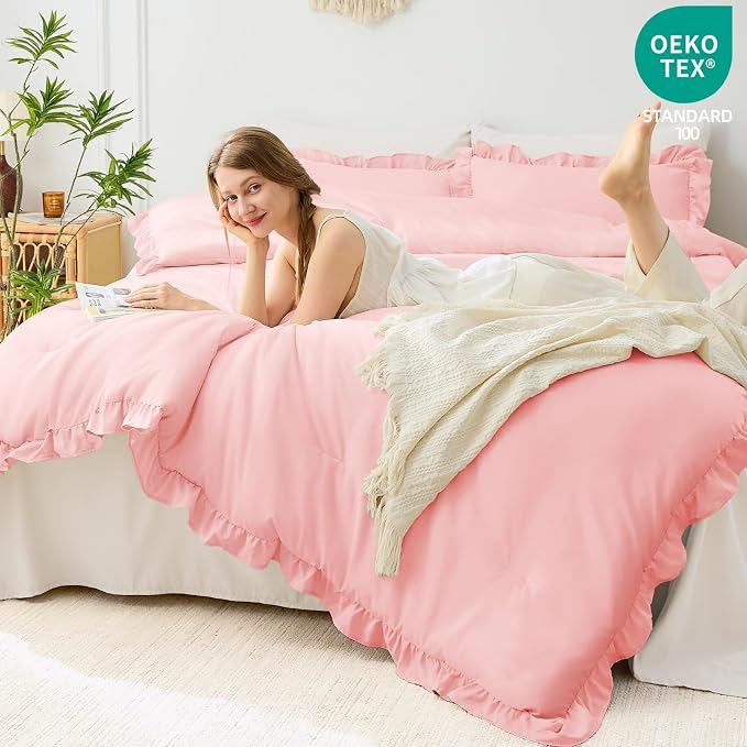 FUANNA Pink Queen Comforter Set, 3 Pieces Ruffle Queen Bed Set, Fluffy Bed in a - Image 3
