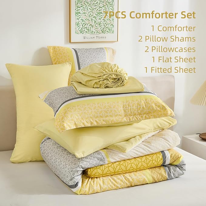 WONGS BEDDING Yellow Comforter Set Queen Size, 7 Pieces Striped Bed in a Bag - Image 7