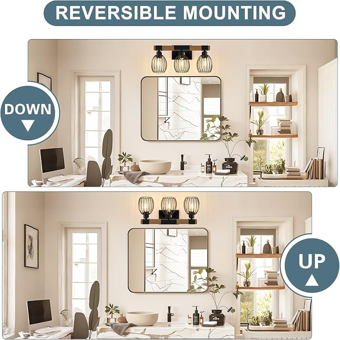 3-Light Farmhouse Bathroom Vanity Light Fixtures, Rustic Wood Bathroom Light - Image 4