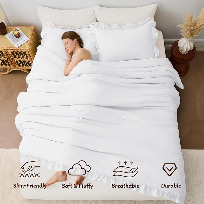 FUANNA Full Size Comforter Sets White, 3 Pieces Ruffle Full Size Bedding Sets - Image 4