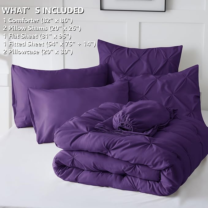 CozyLux Full Size Comforter Sets Purple, 7 Pieces Pintuck Bed in A Bag Purple - Image 7