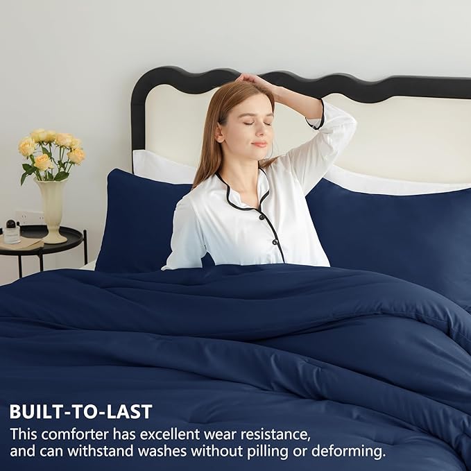 CozyLux Navy Blue Full Size Comforter Set, 3 Pieces Solid Breathable Quilted - Image 2