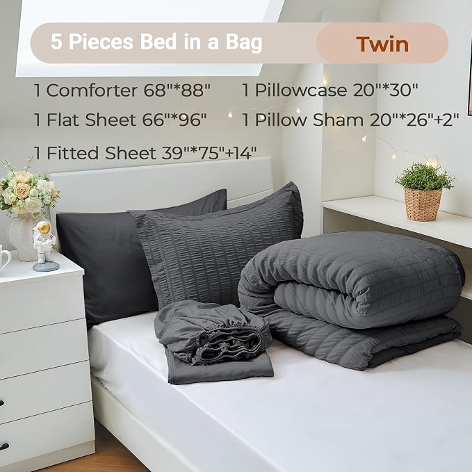 MUXHOMO 5 Pieces Twin Comforter Set, Seersucker Bed in a Bag Twin Size - Image 4