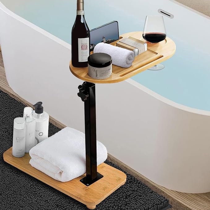 Bamboo Bathtub Tray Table with Adjustable Height, Enhanced Stability, by XinTianZhiGuang