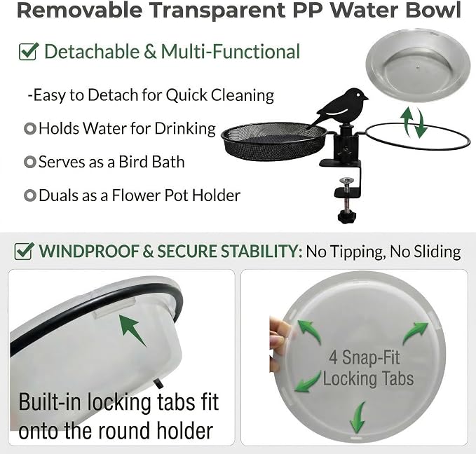 Deck Bird Feeder & Bird Bath for Balcony Railing, No-Drill Clamp Fits up to - Image 6