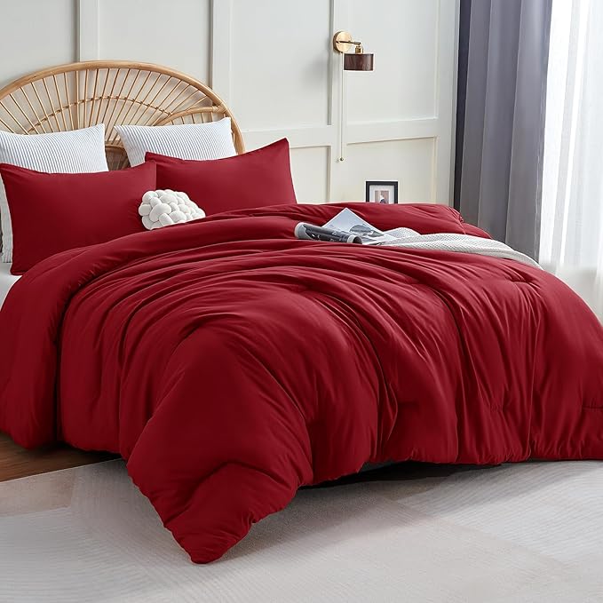CozyLux King Size Comforter Set Dark Red, 3 Pieces Solid Comforters King Size by CozyLux