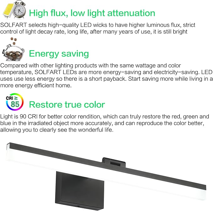 SOLFART 24 inch LED Modern Black Bathroom Vanity Lights Over Mirror Vanity - Image 8