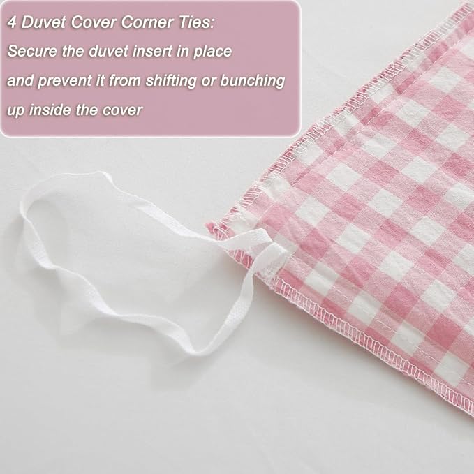 Silnuo Vintage Pink/White Plaid Ruffle 3-Piece Duvet Cover Set King Size - Image 6