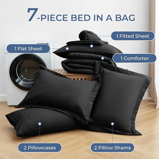 Sasttie California King Comforter Set Black, 7 Pieces Cal King Bed in a Bag - Image 6