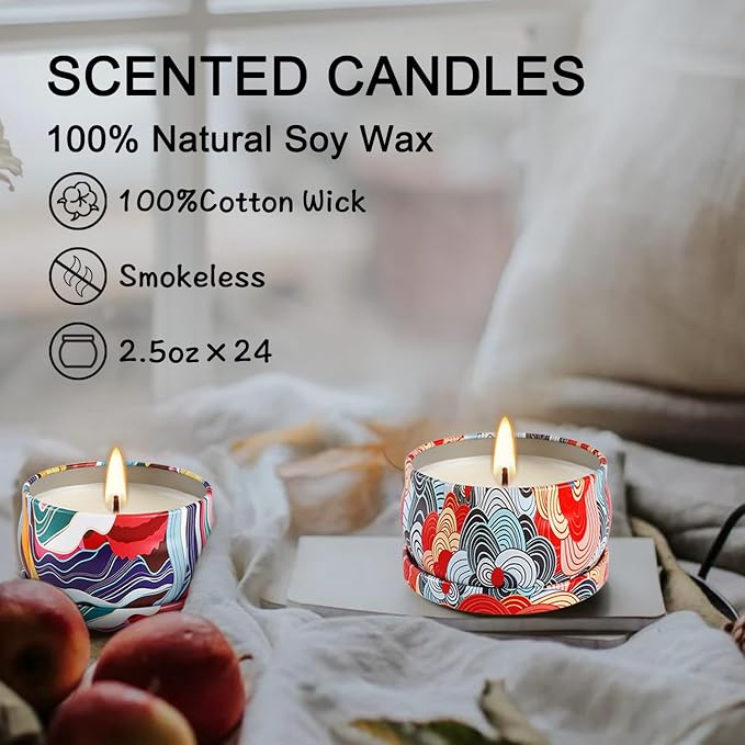 WPONSZU Set 24 Pack Scented Candles Gifts Soy Wax Travel Tin Jar Candles - Image 9
