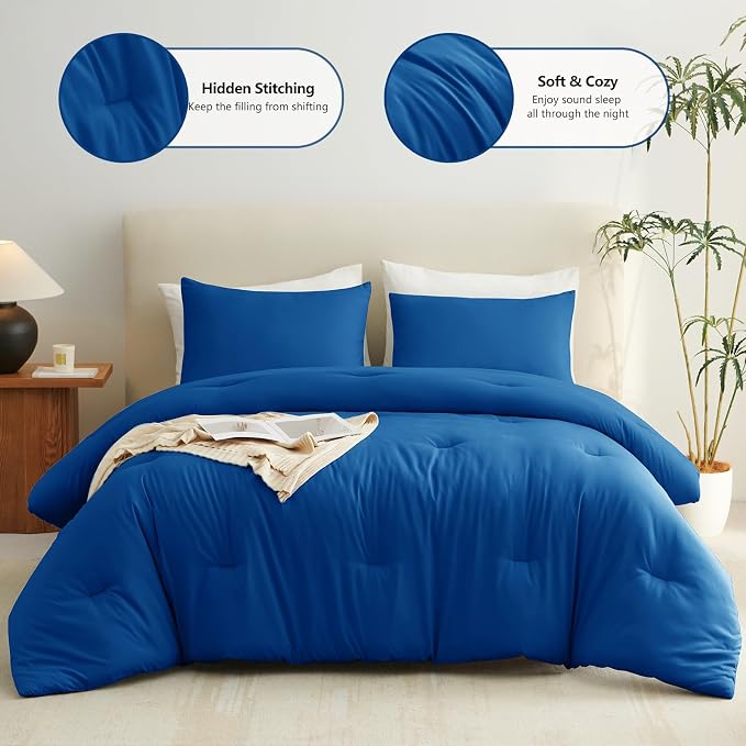 CozyLux Full Size Comforter Set Classic Blue, 3 Pieces Solid Breathable Quilted - Image 2