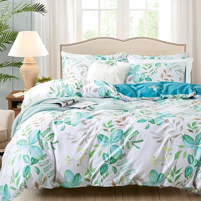 FADFAY Botanical Duvet Cover Sets King/Cal King Size 100% Cotton Teal Green by CottonWorldSweetDream