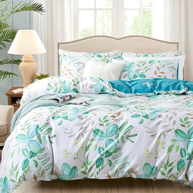 FADFAY Botanical Duvet Cover Sets Queen Size 100% Cotton Teal Green Leaves by CottonWorldSweetDream
