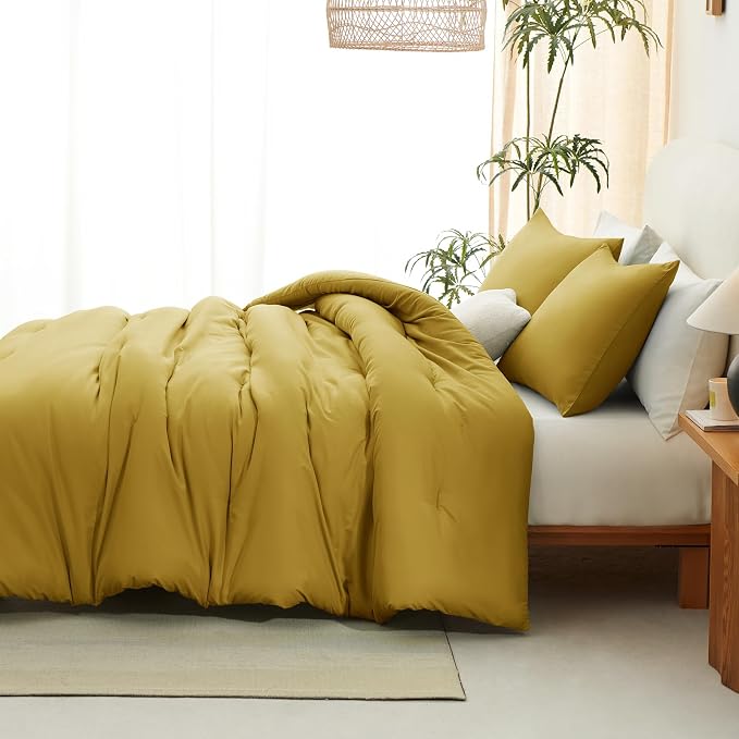 CozyLux Queen Comforter Set Mustard Yellow, 3 Pieces Solid Comforters Queen - Image 6